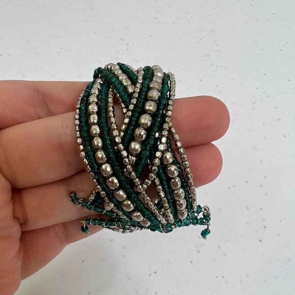 Blue Beaded Wrapped Cuff Flexible Braided Silver Tone Cuff Twist‎ Wire Boho - Picture 5 of 8